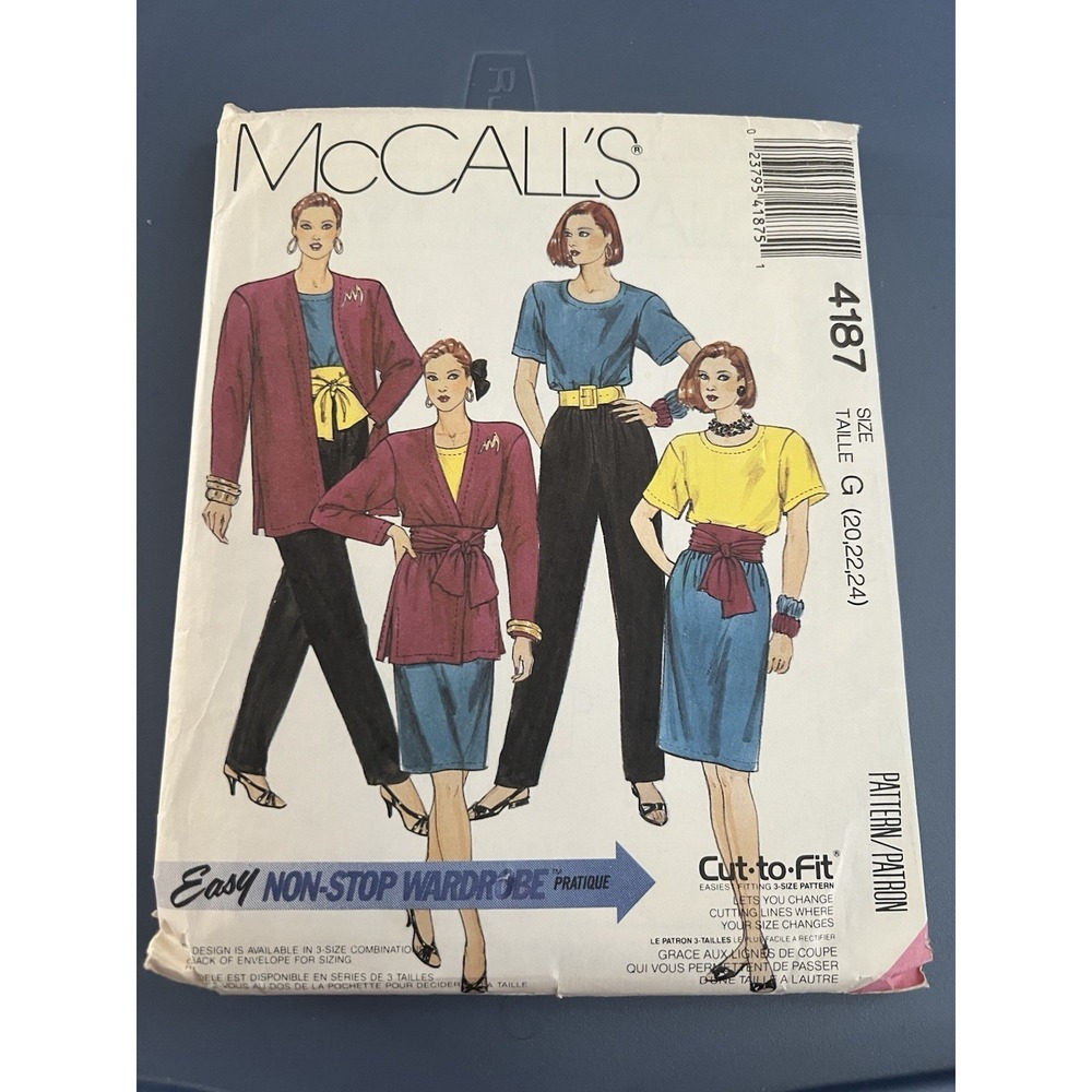 🧵McCall's 4187 EASY Pattern–Jacket,‎ Top, Skirt, Pants & Sash–Sizes 20–24-UNCUT